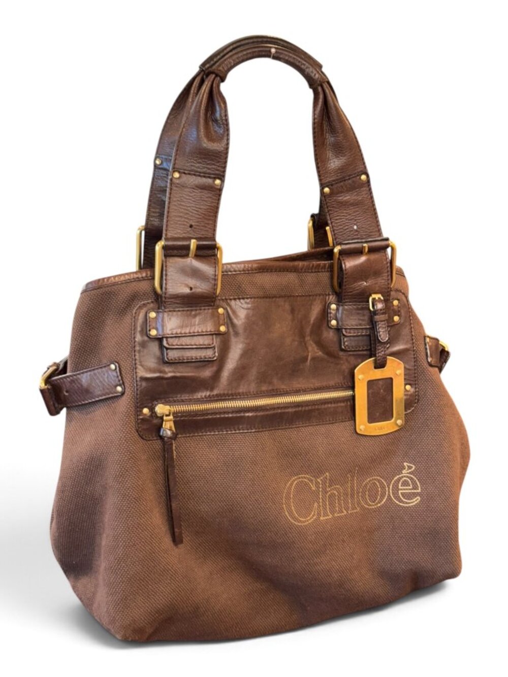 Chloé Large Brown Canvas & Leather Tote Bag With Gold Accents Spacious Design &